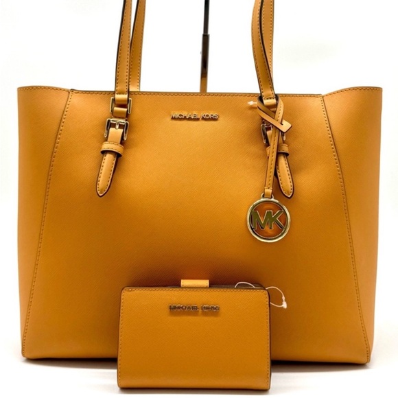 Michael Kors Charlotte LG Tote Bag 3 IN 1 Leather Tote Bag & Bifold Wallet Cider
